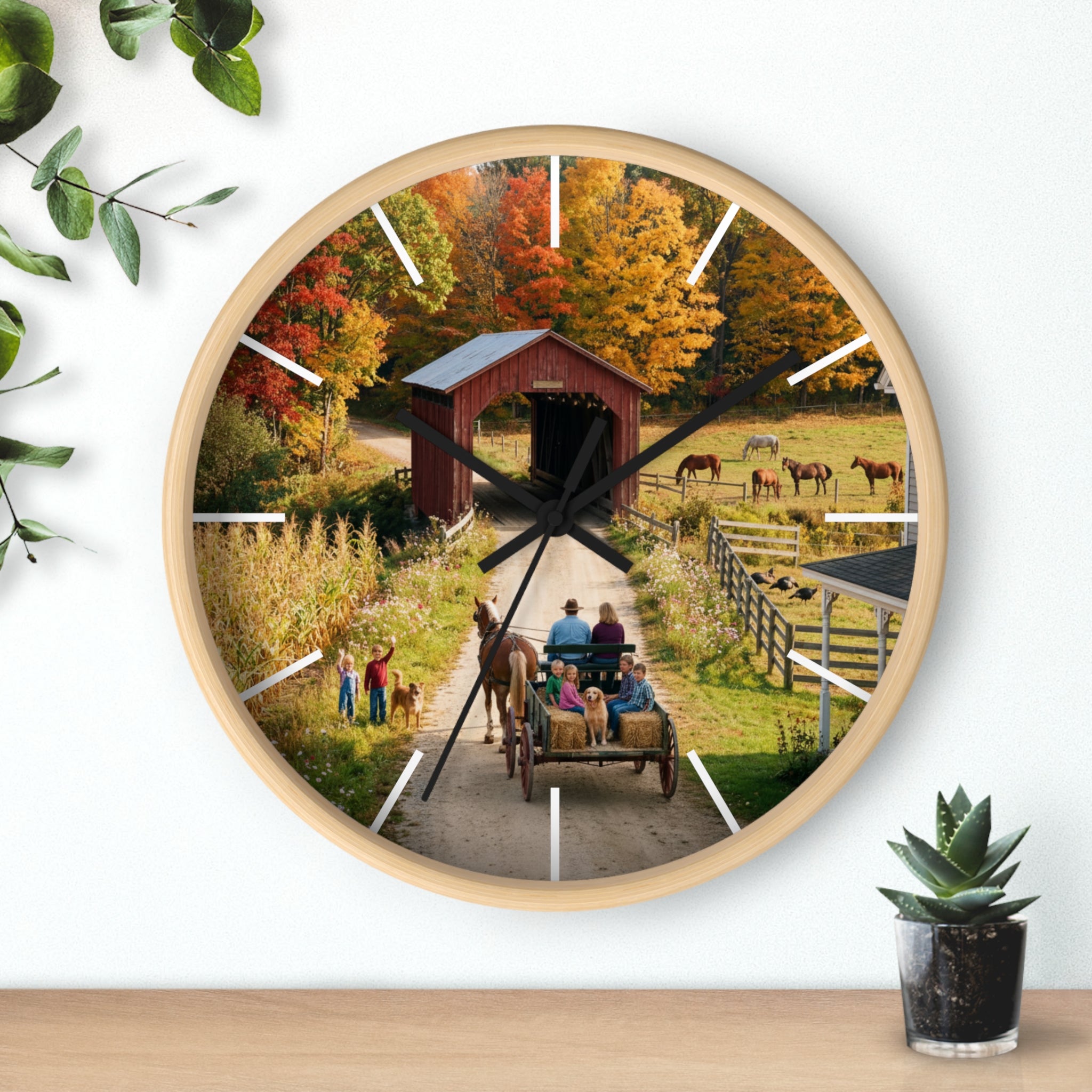 Autumn Covered Bridge Wall Clock / Country Wagon & Fall Scenery