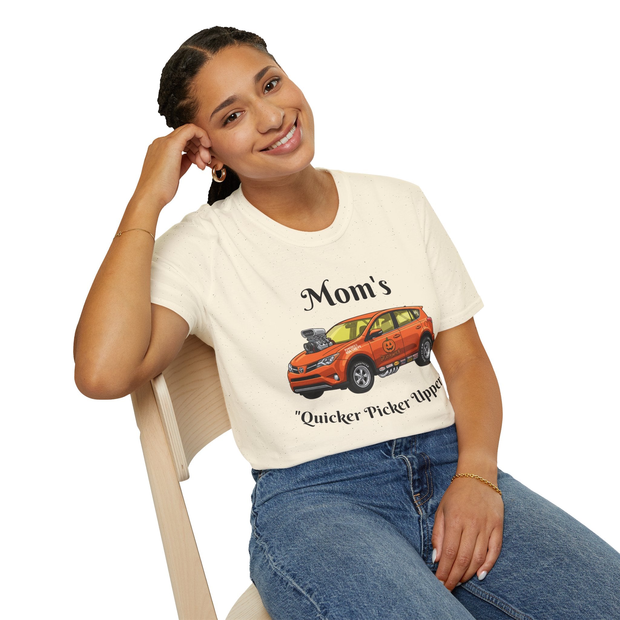 Car Enthusiast T-Shirt — Orange Hot Rod SUV Graphic with “Quicker Picker Upper”