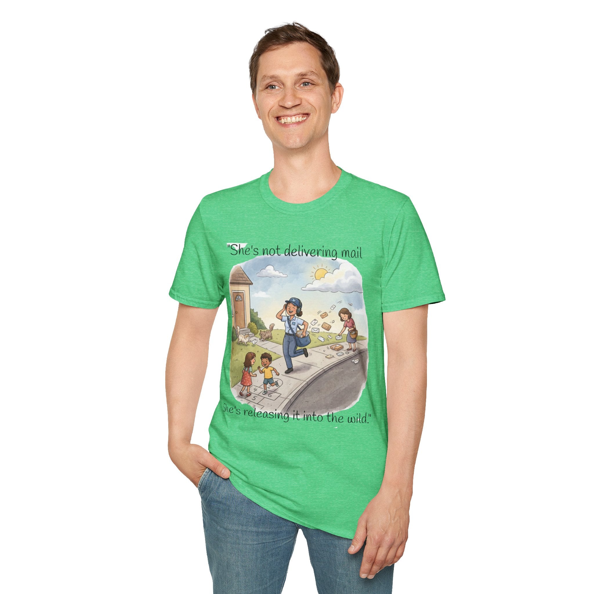 T‑Shirt – "She’s not delivering mail, she’s delivering a little wind" Cute Postal Worker Illustration Tee