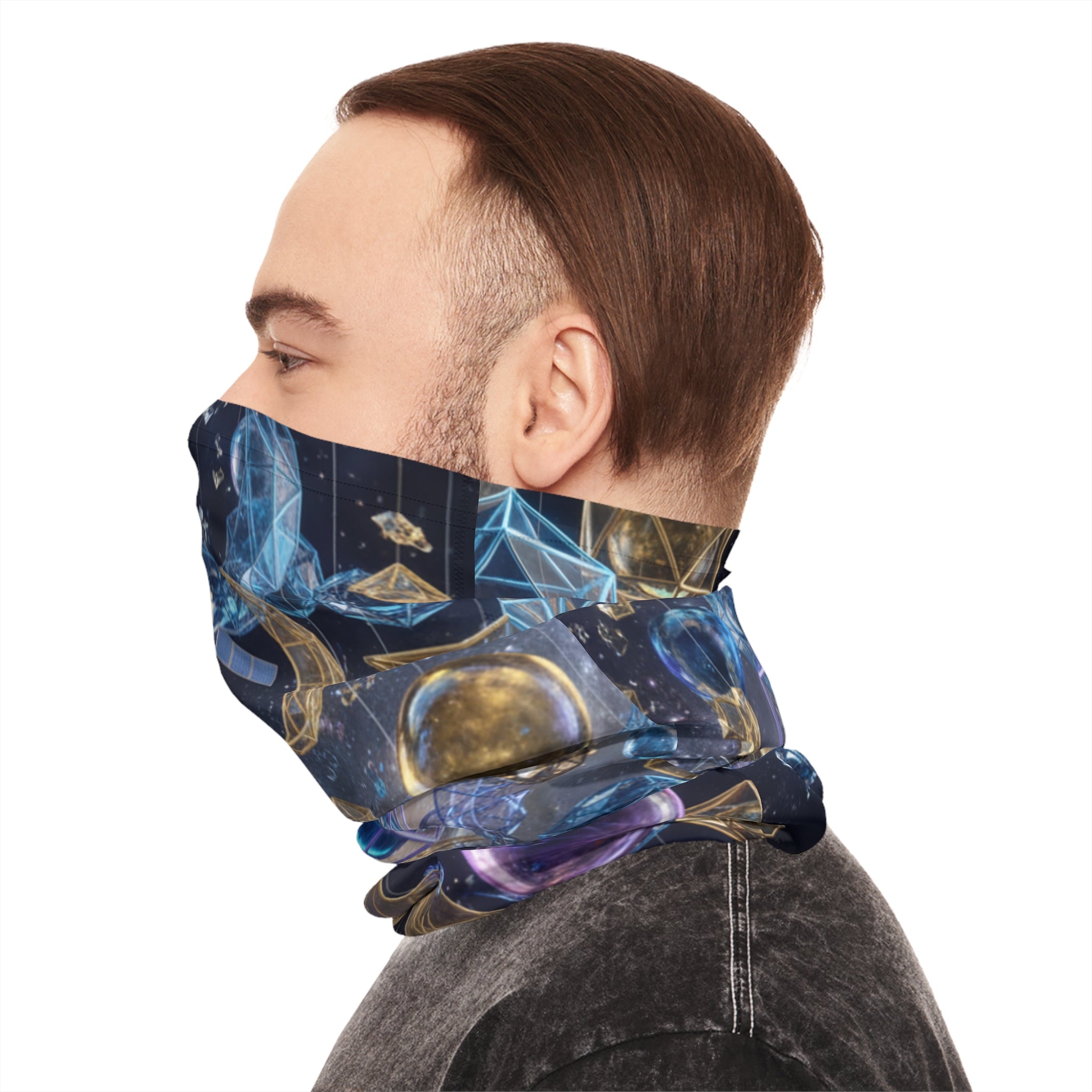 Cosmic Geometry Neck Gaiter | Celestial Moon & Crystal Orbs