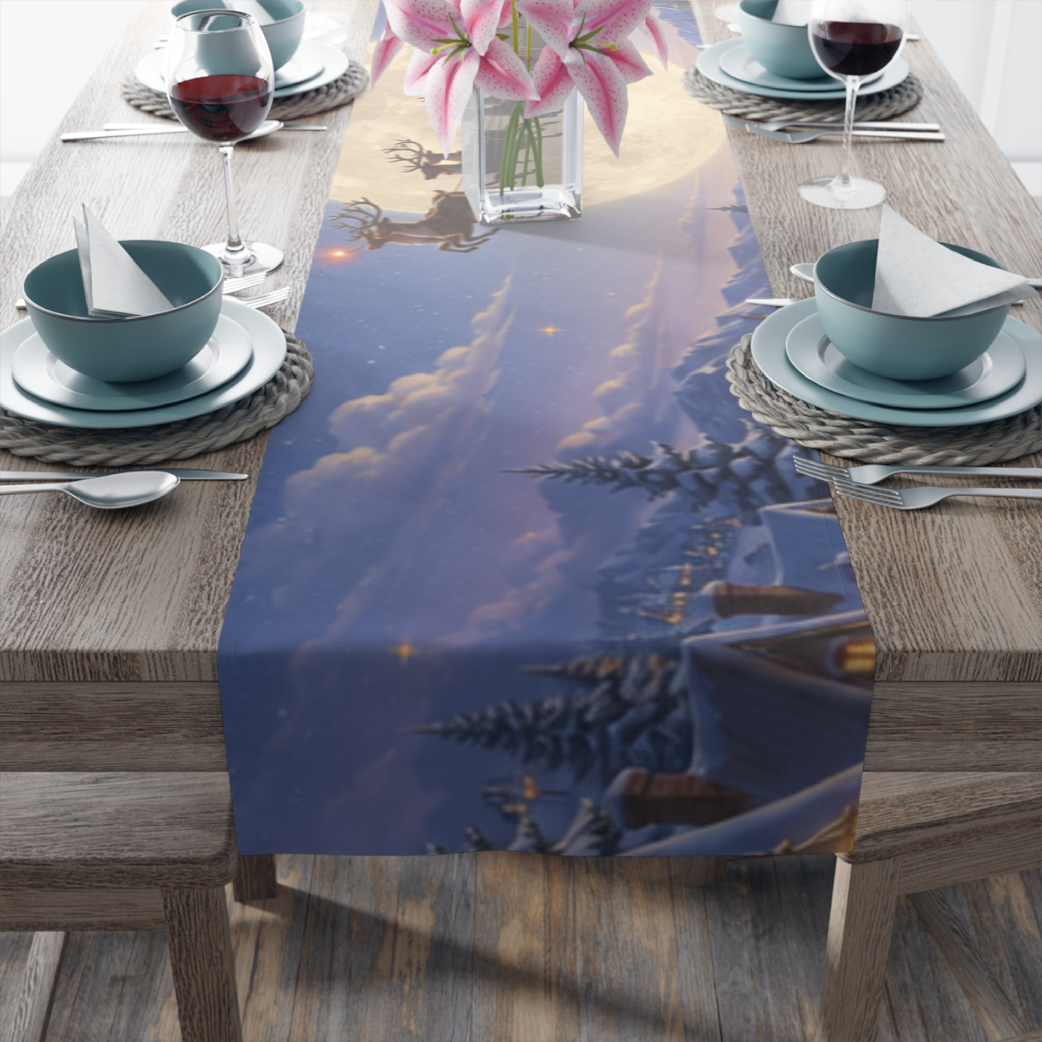 Santa and Reindeer Moonlit Scene Table Runner