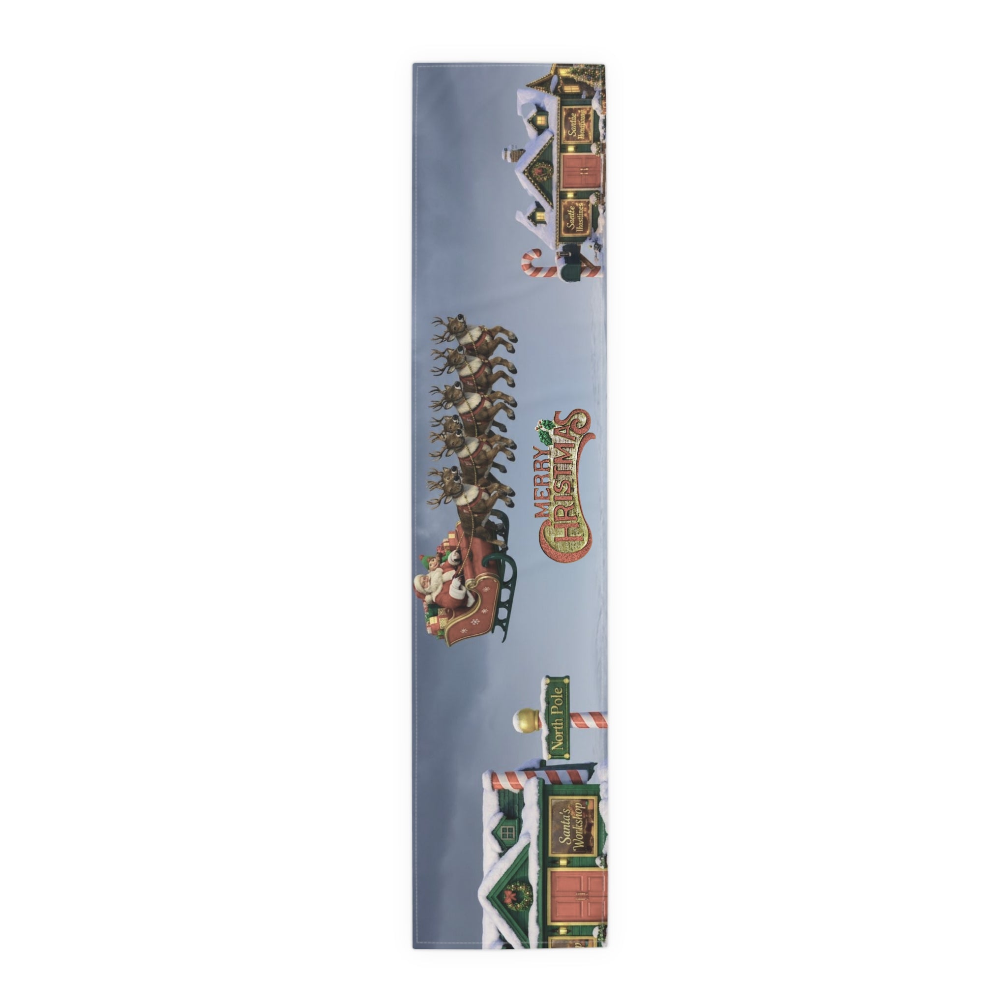 Christmas Village Scene Table Runner | Holiday Snowy Cottage Design