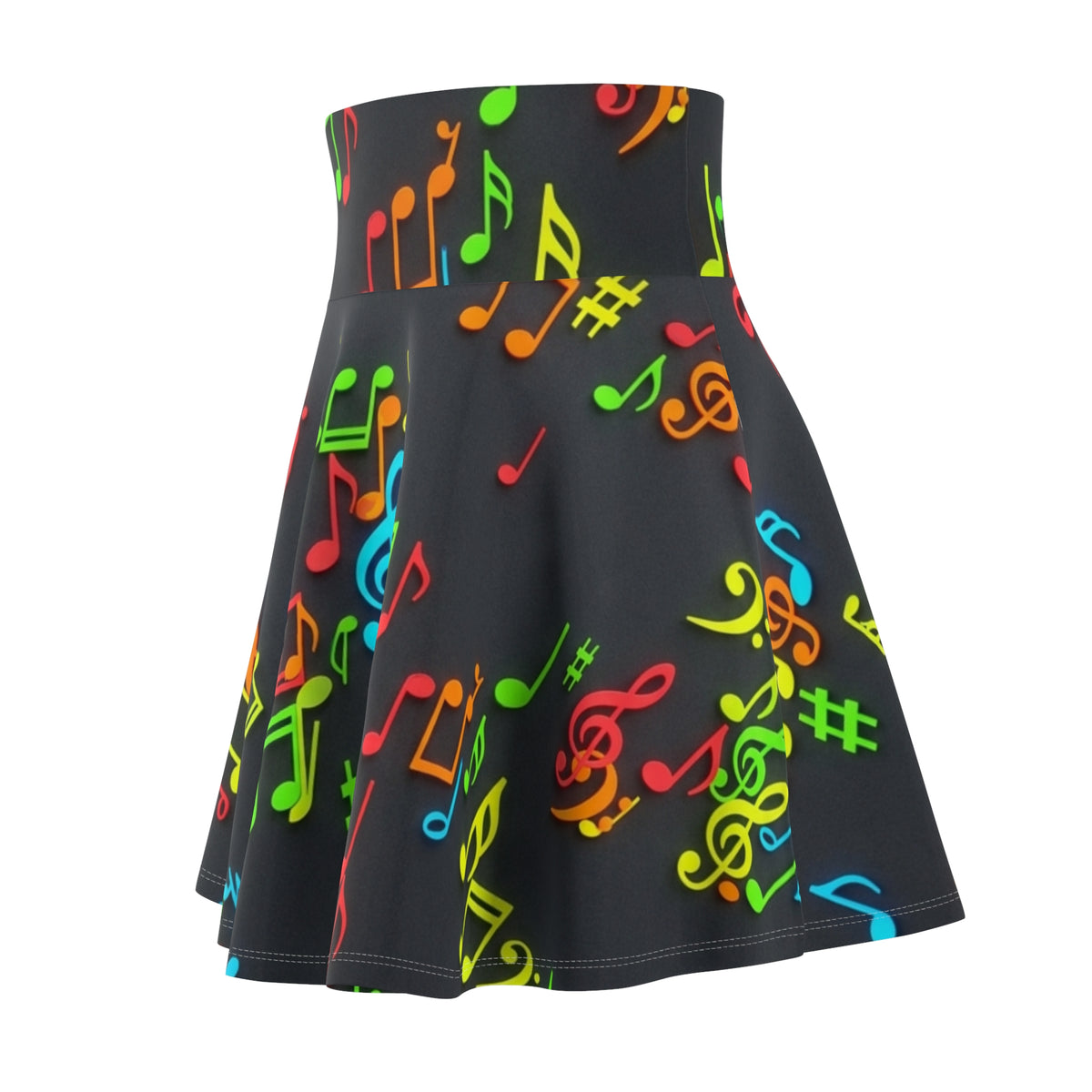 Neon Music Notes Skater Skirt | Musical Note Pattern, Black Background