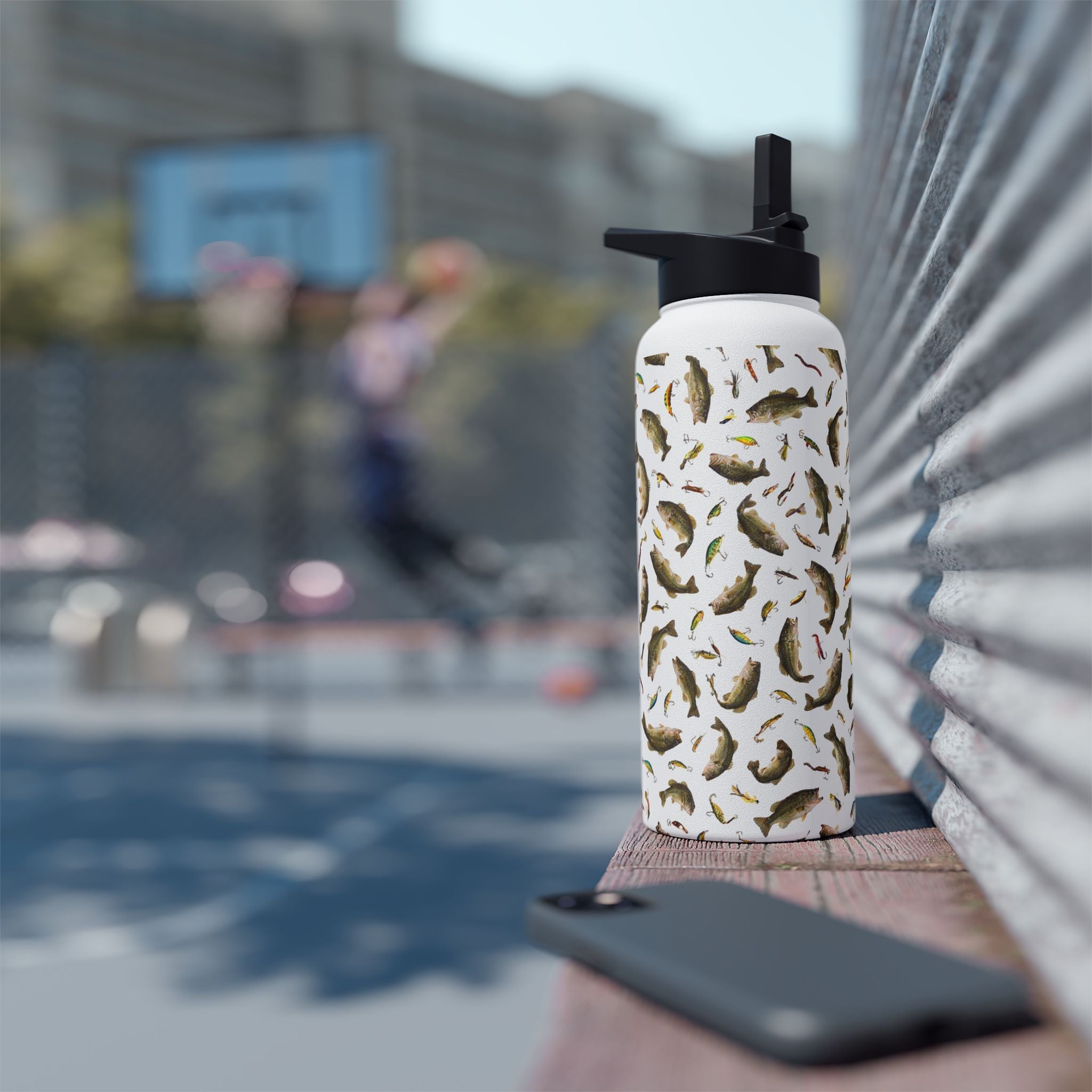 Bass Pattern Stainless Steel Water Bottle | Fishing Fish Design