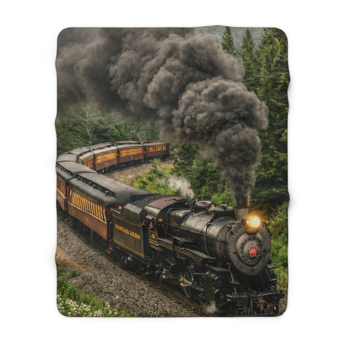 Vintage Steam Train Sherpa Fleece Blanket | Scenic Railroad Throw