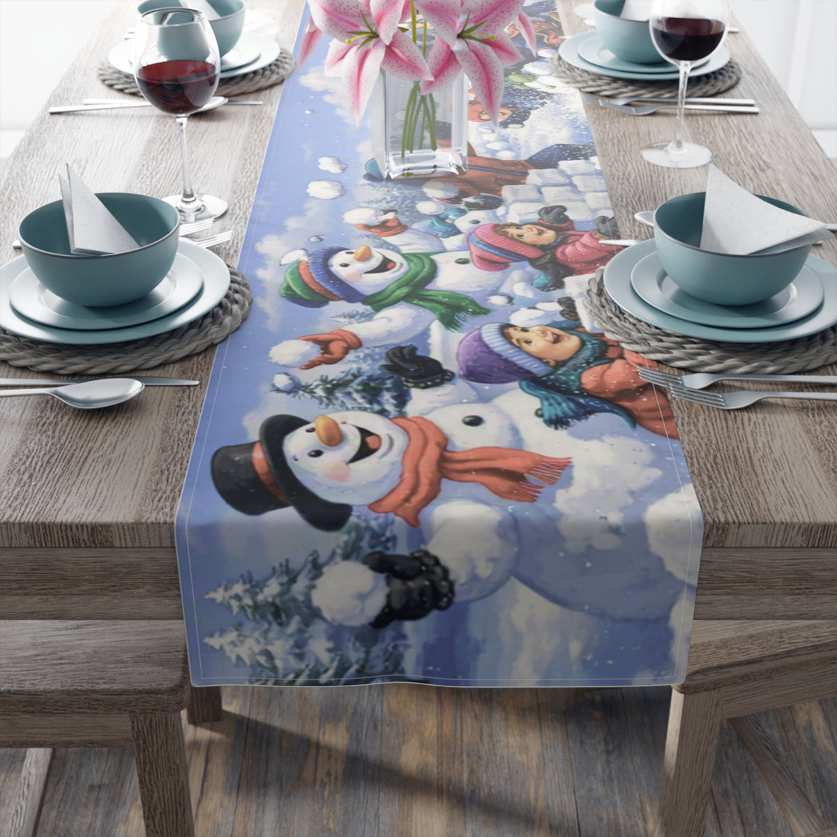 Snowball Fight Snowman Table Runner | Winter Christmas Table Decor