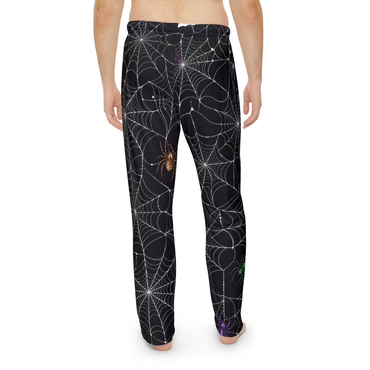 Spiderweb Pajama Pants — Men’s Halloween Lounge Pants with Colorful Spiders