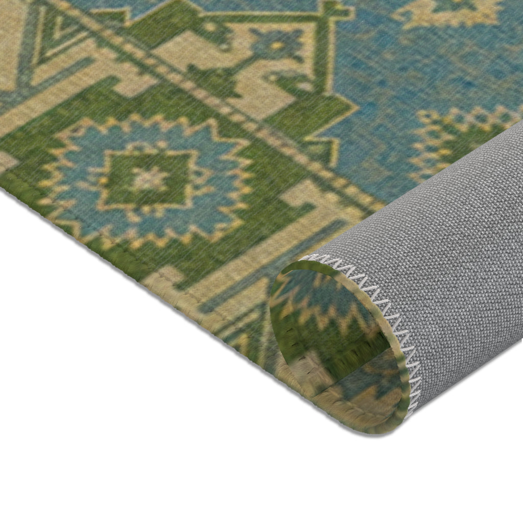 Blue Green Kilim Pattern Area Rug | Southwestern Tribal Geometric Floor Runner