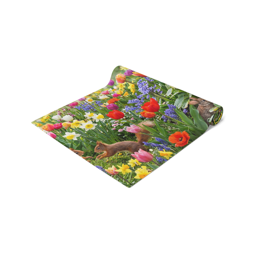 Spring Garden Birds Table Runner / Floral Tulip & Daffodil Dining Decor