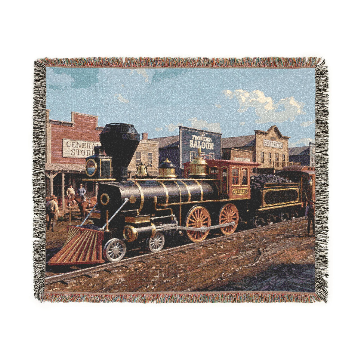 Vintage Steam Locomotive Woven Blanket | Western Town Train Throw