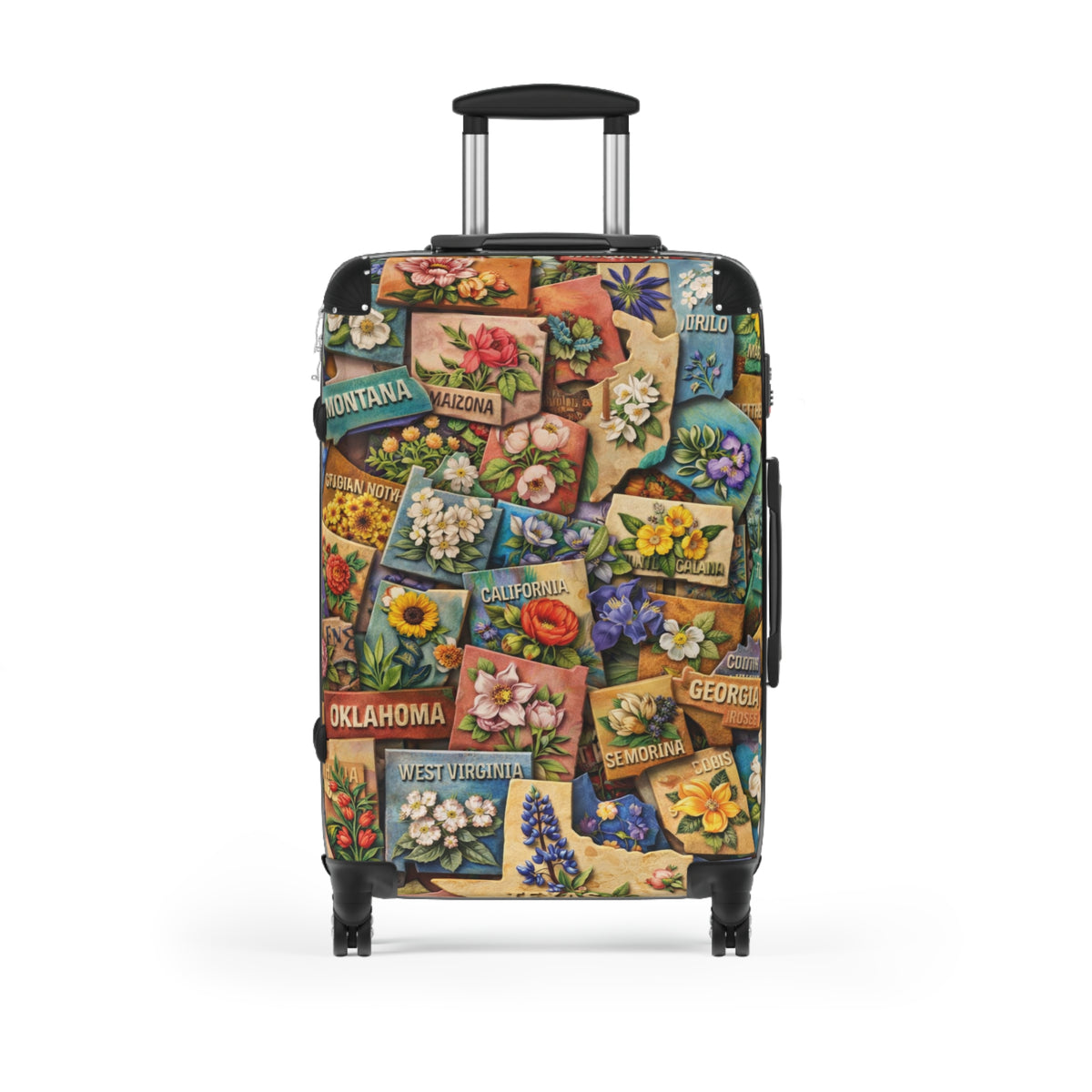 USA State Map Collage with State Flowers Suitcase