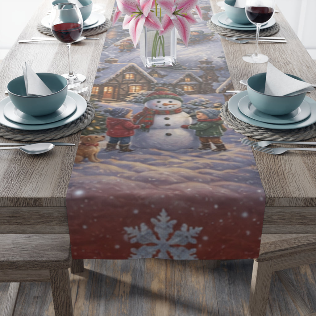 Storybook Snowman Village Table Runner, Winter Wonderland Cotton Poly