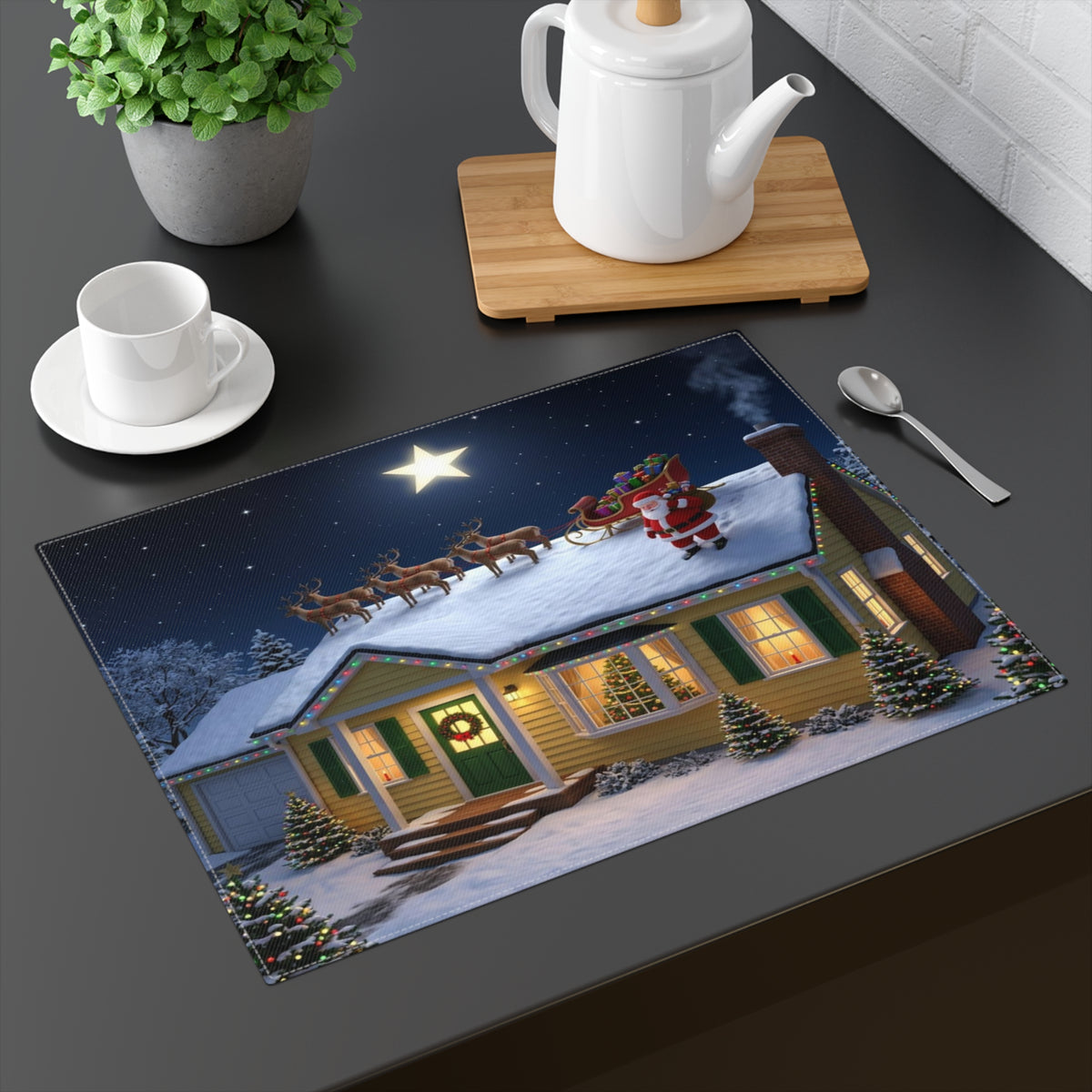 Santa Sleigh with Reindeer Placemat | Christmas Holiday Table Decor