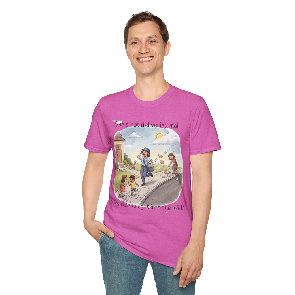 T‑Shirt – "She’s not delivering mail, she’s delivering a little wind" Cute Postal Worker Illustration Tee