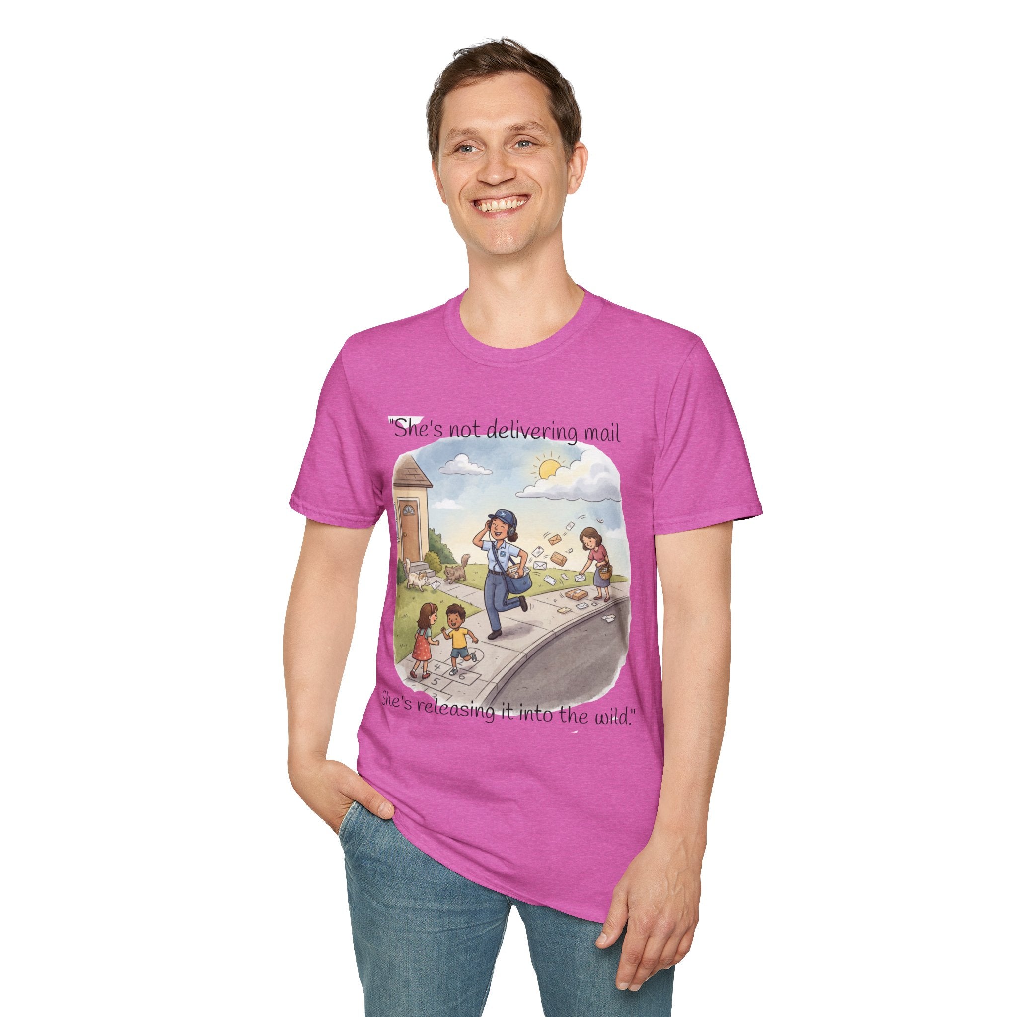 T‑Shirt – "She’s not delivering mail, she’s delivering a little wind" Cute Postal Worker Illustration Tee