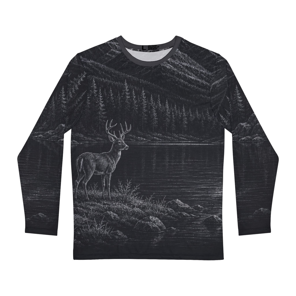 Mountain Lake Deer Illustration Long Sleeve Shirt | Night Wilderness Scene
