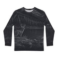 Mountain Lake Deer Illustration Long Sleeve Shirt | Night Wilderness Scene