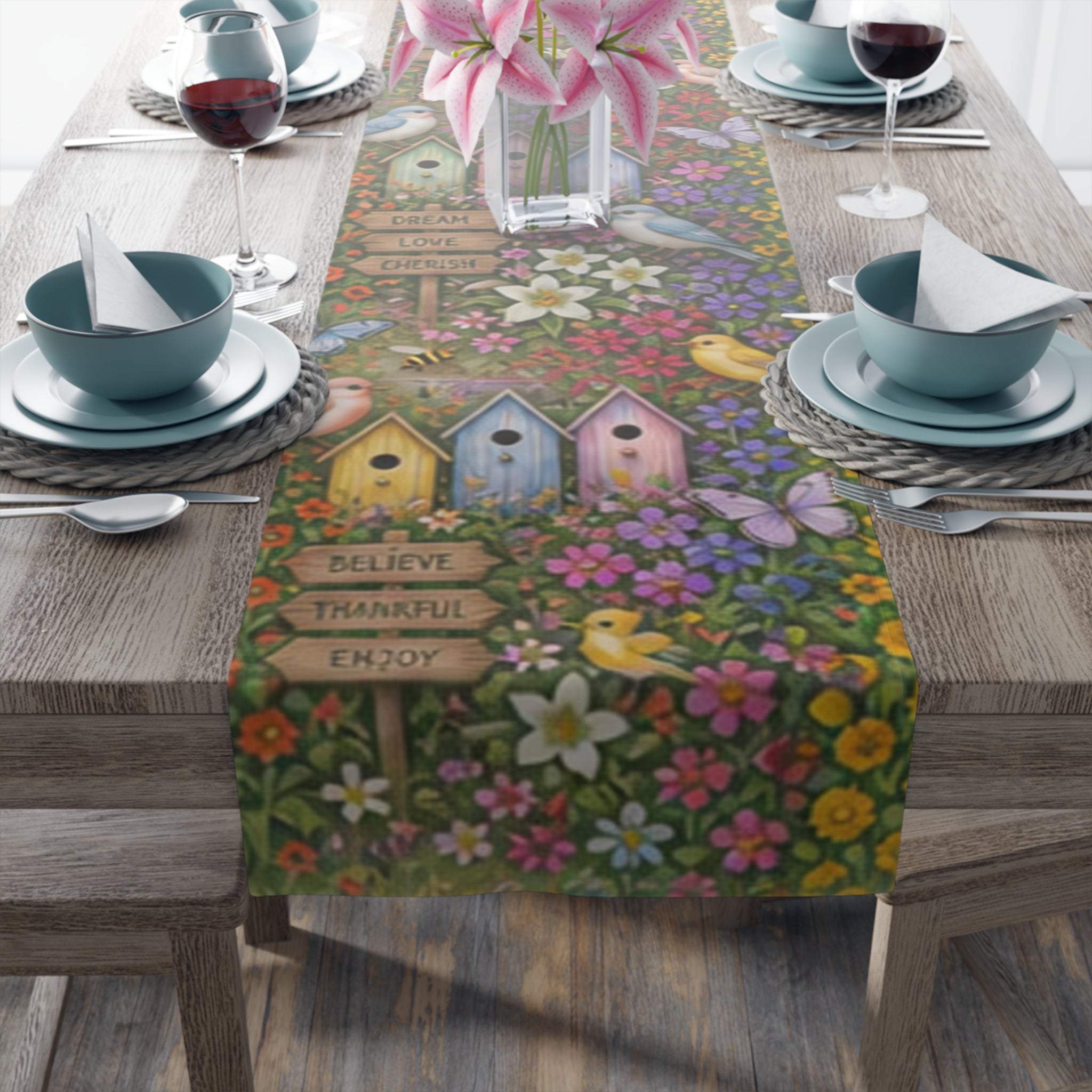 Floral Garden Birds Bees Butterflies Table Runner