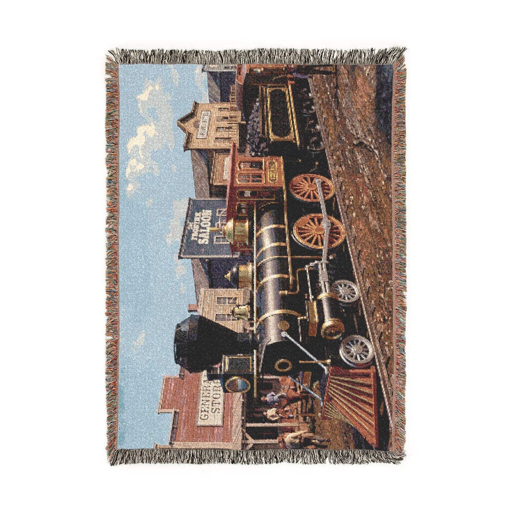 Vintage Steam Locomotive Woven Blanket | Western Town Train Throw