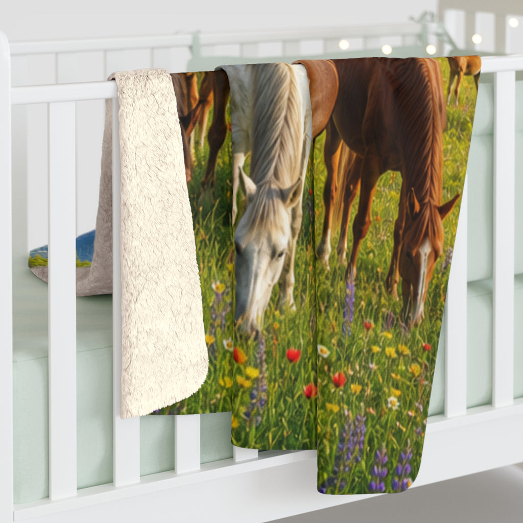 Sherpa Fleece Blanket Horses in Wildflower Meadow | Mountain Pasture Scene