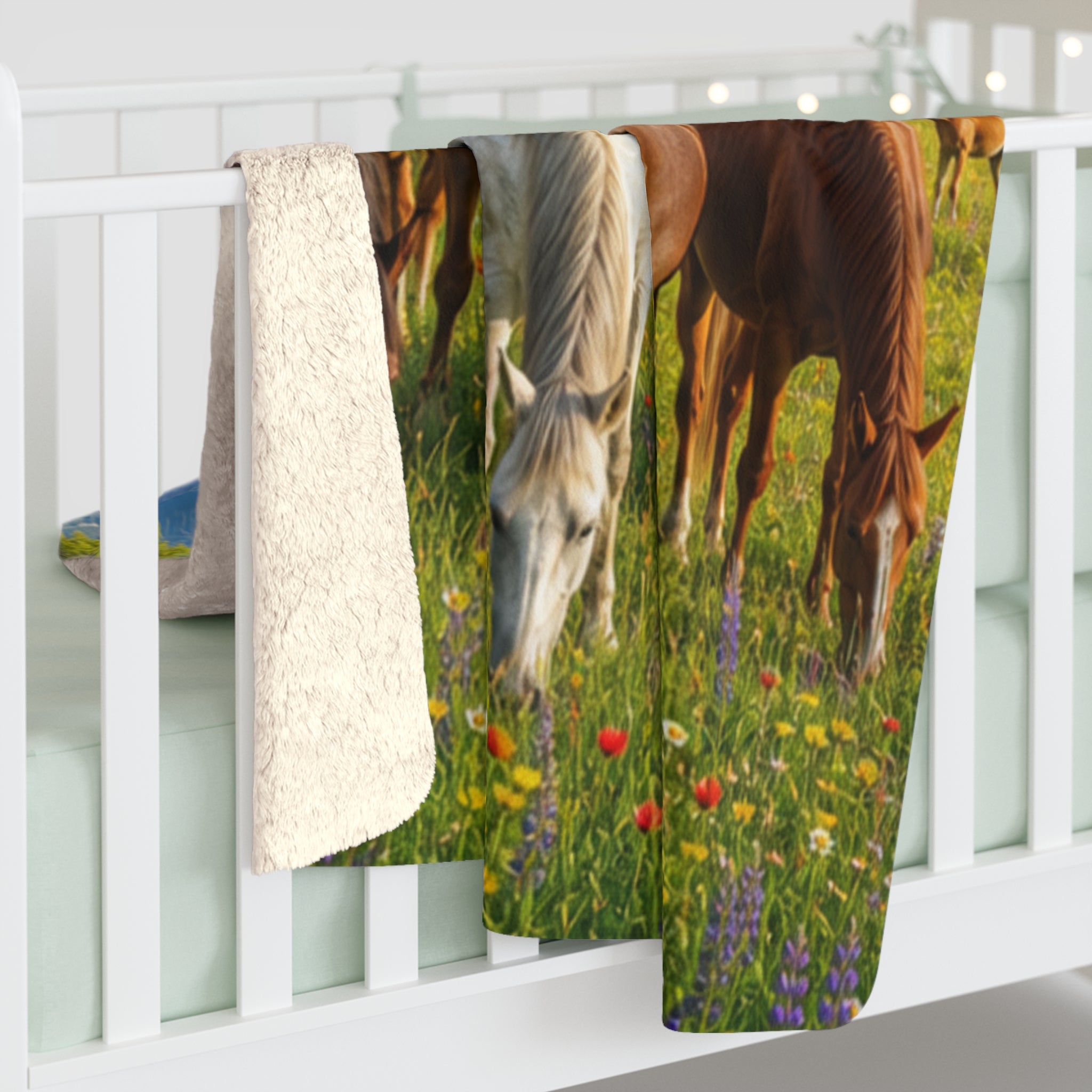 Sherpa Fleece Blanket Horses in Wildflower Meadow | Mountain Pasture Scene