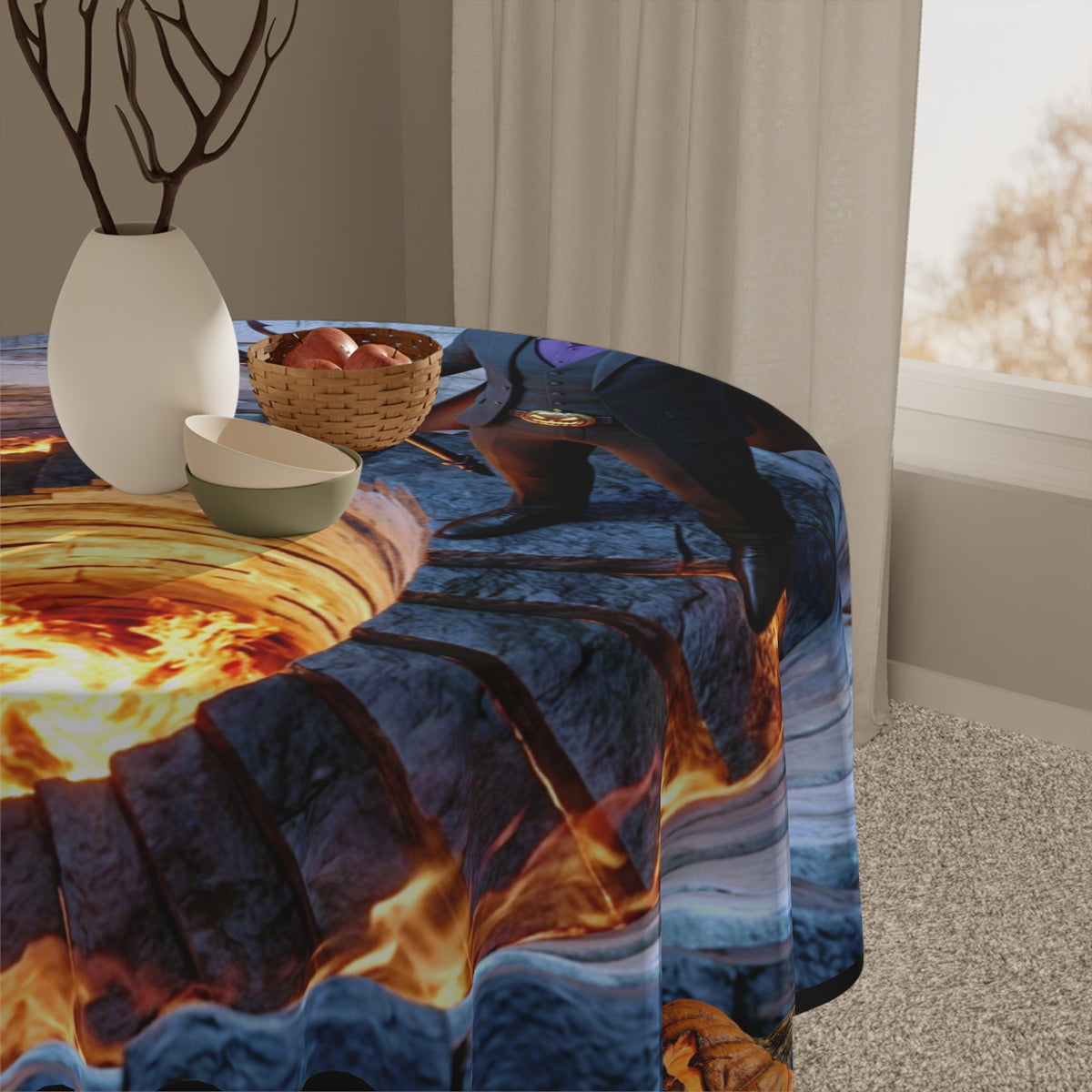Devil Over Fiery Well Tablecloth | Jack-O'-Lantern Corners – Halloween Table Decor