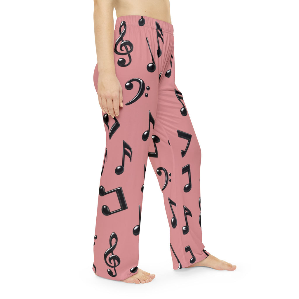 Black Music Notes Pattern Pajama Pants | Women's Pink All-Over Print