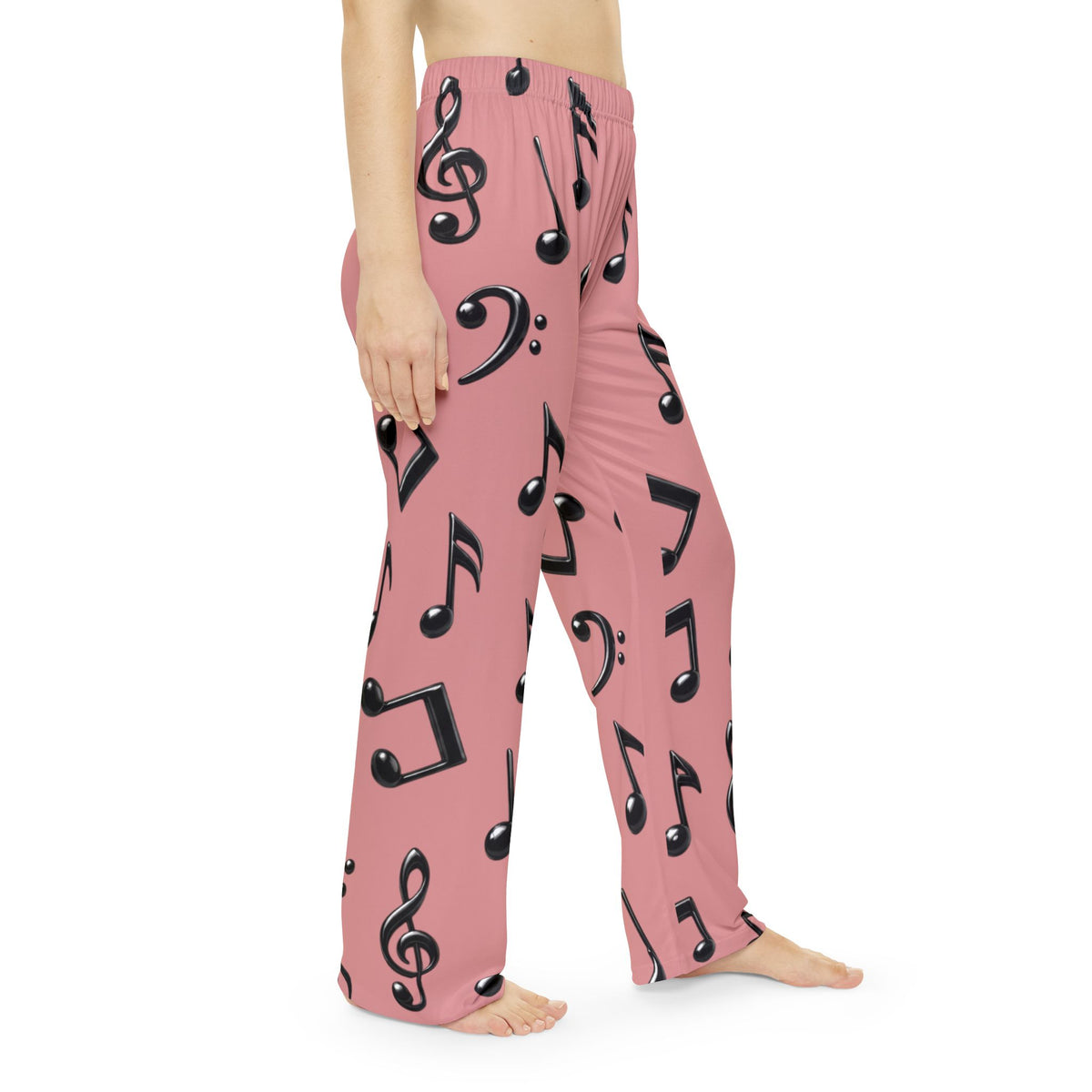 Black Music Notes Pattern Pajama Pants | Women's Pink All-Over Print