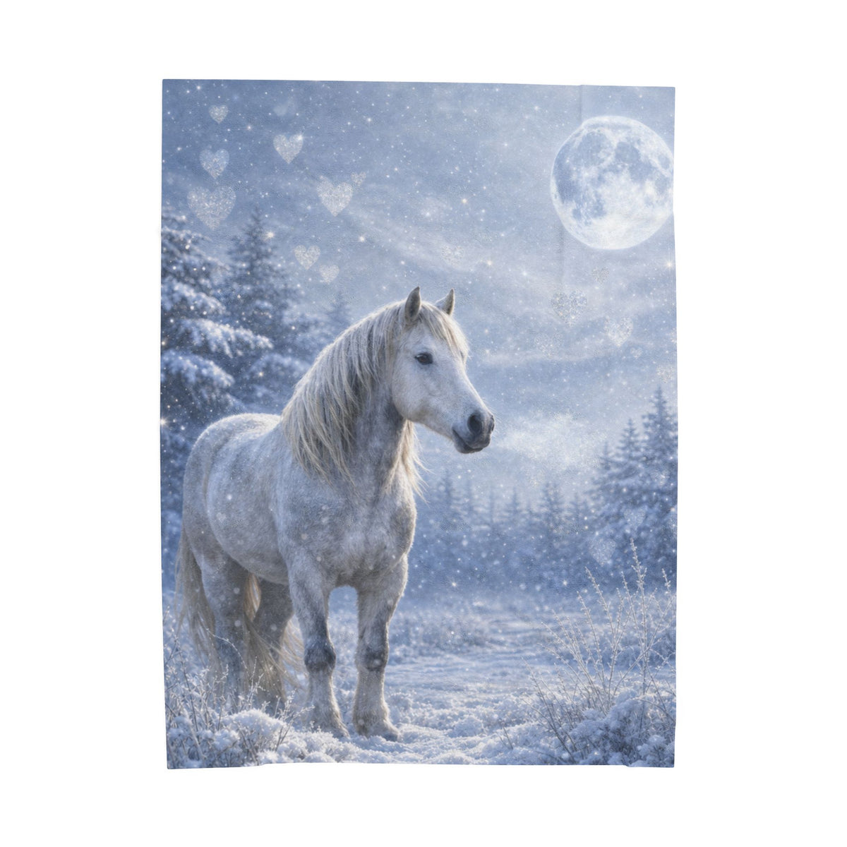 White Horse Winter Moon Velveteen Plush Blanket | Fantasy Forest Print