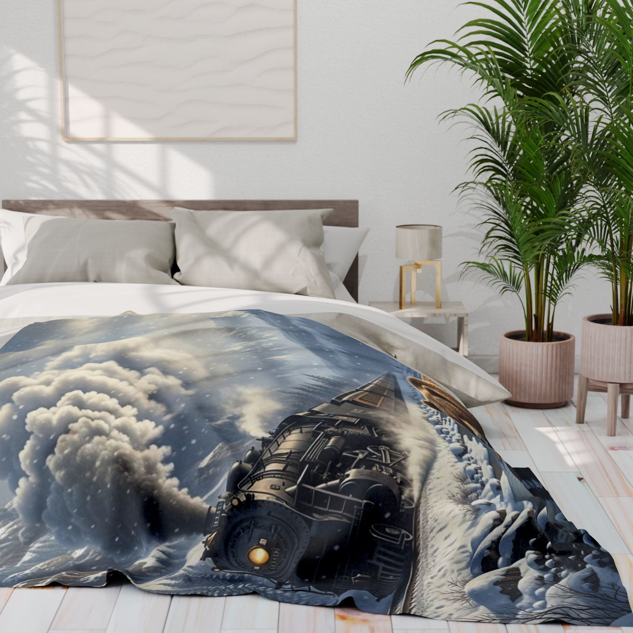 Bear Catching Salmon, Fleece Blanket | Steam Train Winter Landscape