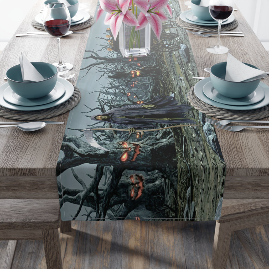 Haunted Hearse Carriage Table Runner | Halloween Spooky Graveyard Scene