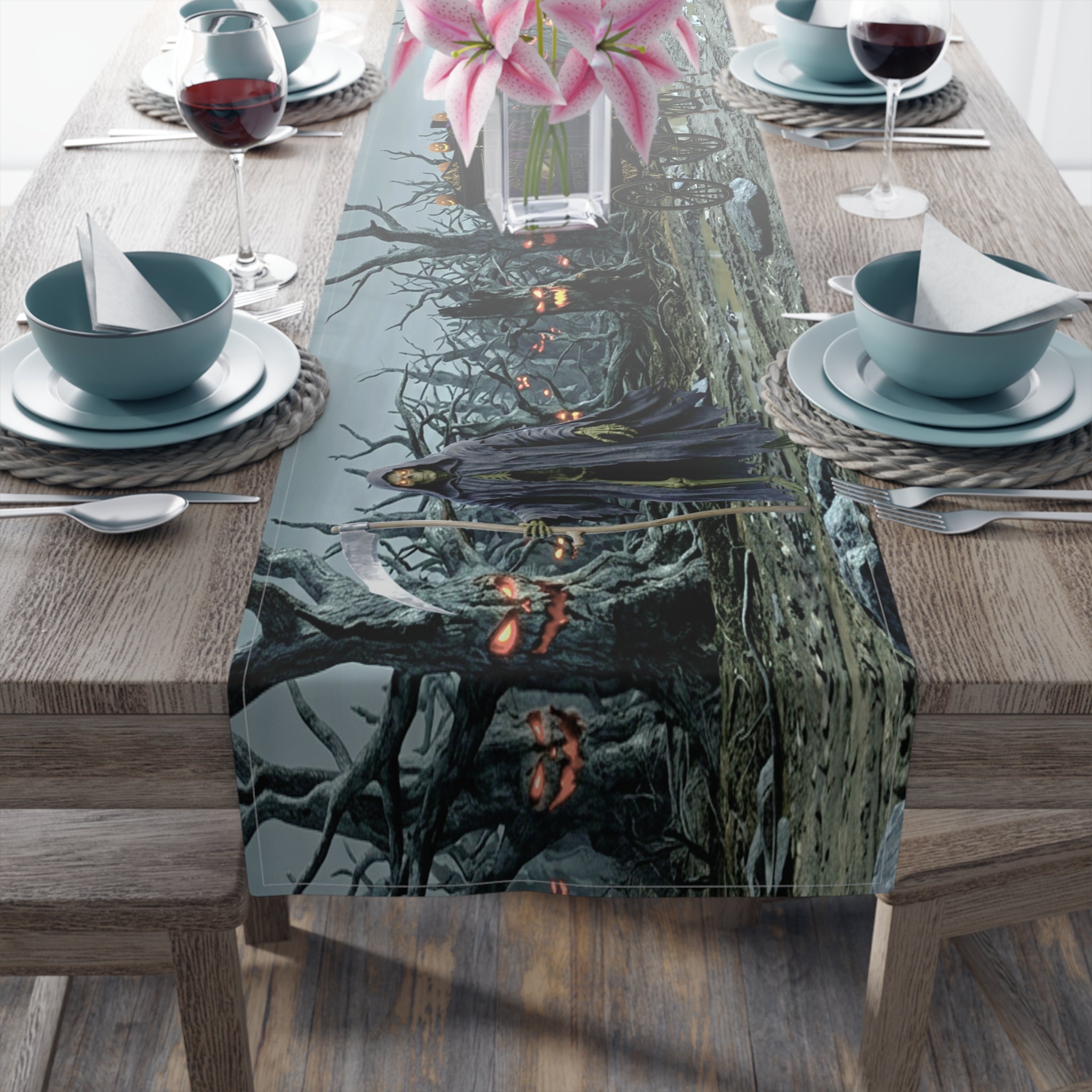 Haunted Hearse Carriage Table Runner | Halloween Spooky Graveyard Scene