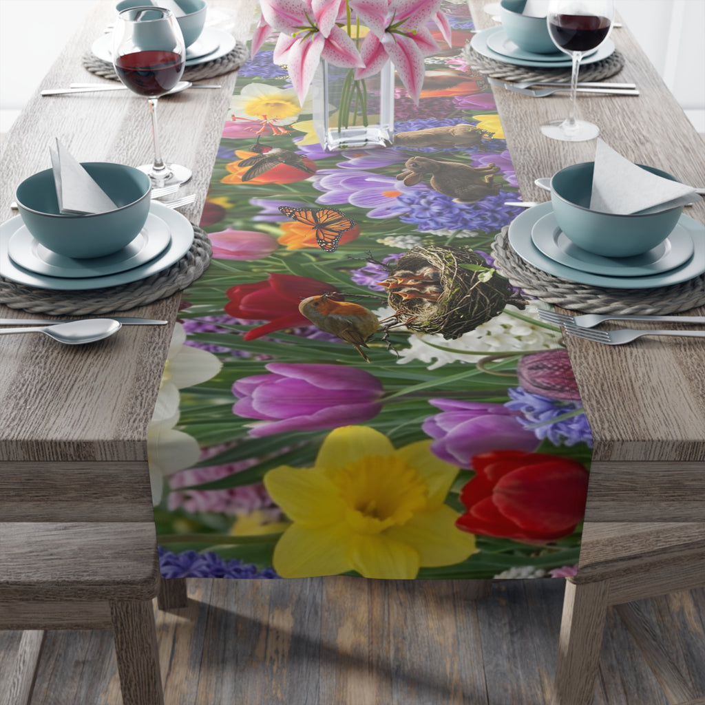 Spring Garden Birds Table Runner | Floral Tulip & Daffodil Dining Decor