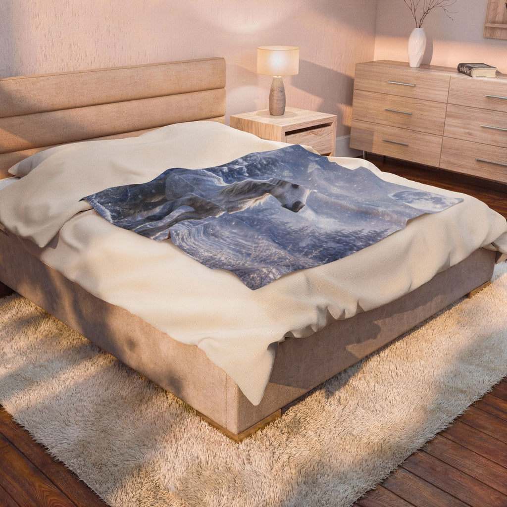 White Horse Winter Moon Velveteen Plush Blanket | Fantasy Forest Print