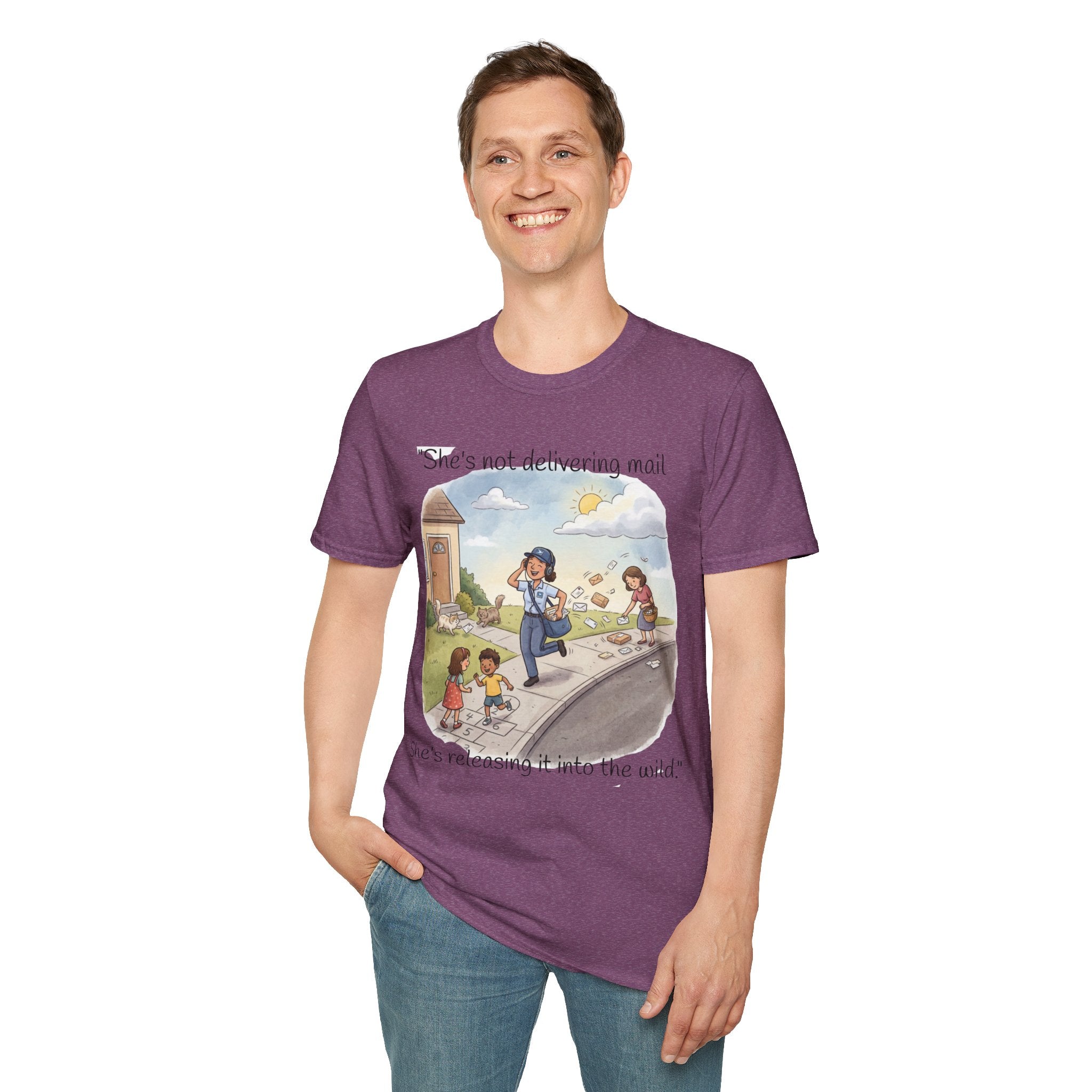T‑Shirt – "She’s not delivering mail, she’s delivering a little wind" Cute Postal Worker Illustration Tee