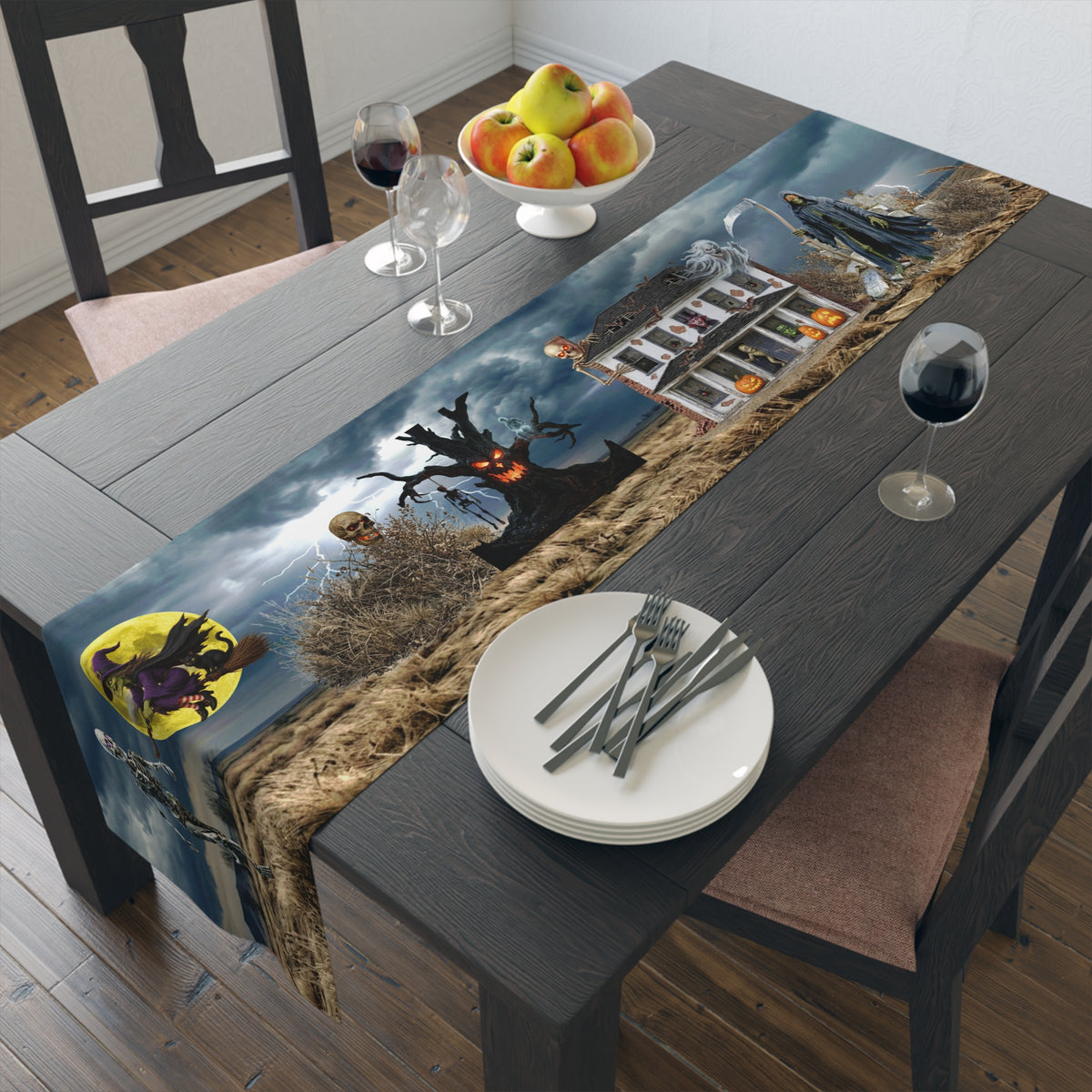 Haunted Mansion Table Runner | Moonlit Gothic Scene – Spooky Halloween Table Decor