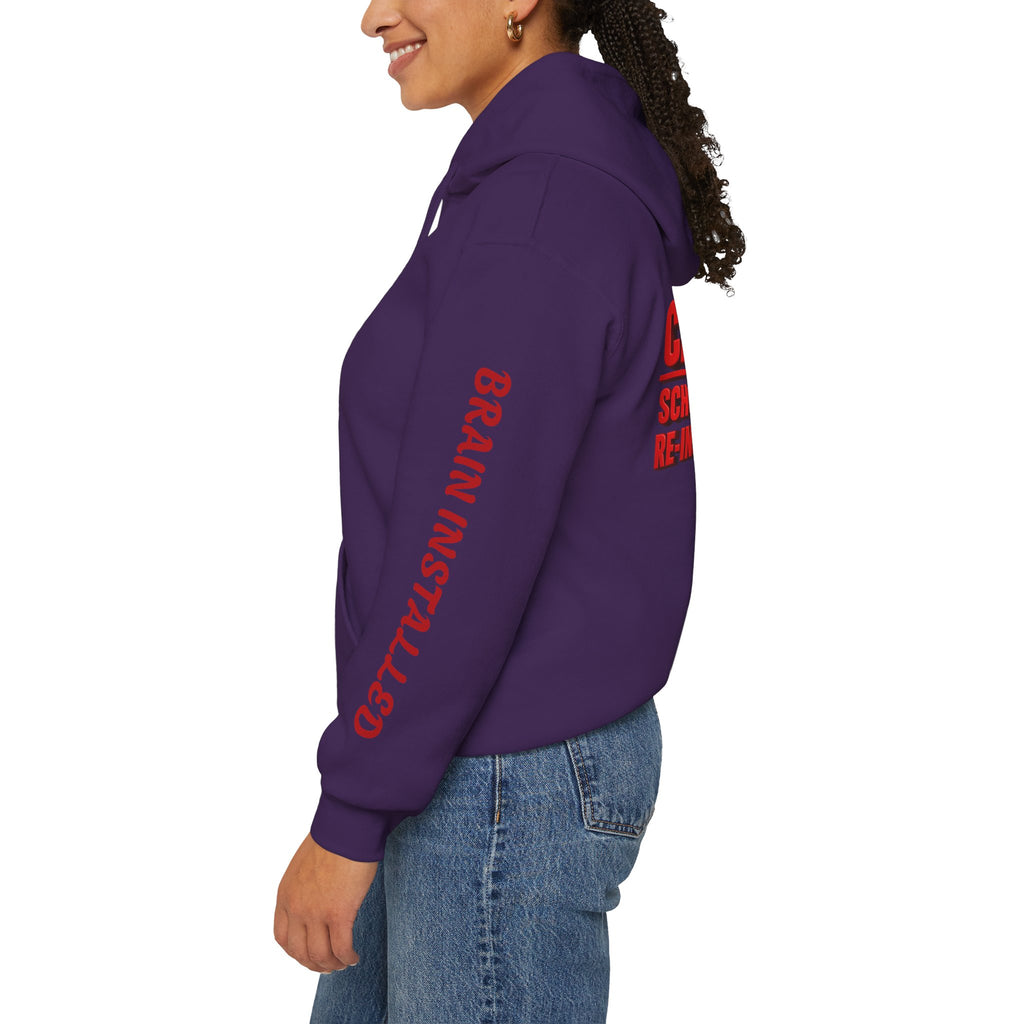 Hoodie — "CAUTION: Schools Starting, Re-Installing Brain" Back-to-School Graphic Hoodie