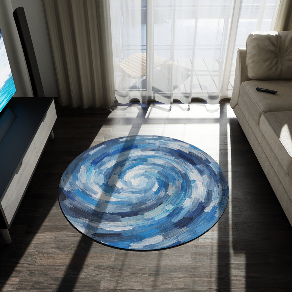 Round Rug Blue Swirl | Abstract Coastal Spiral Rug
