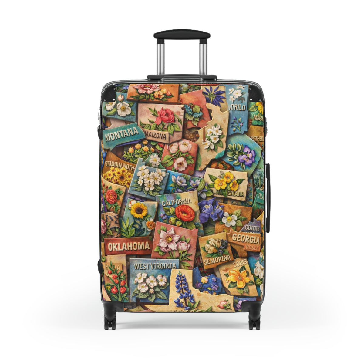 USA State Map Collage with State Flowers Suitcase