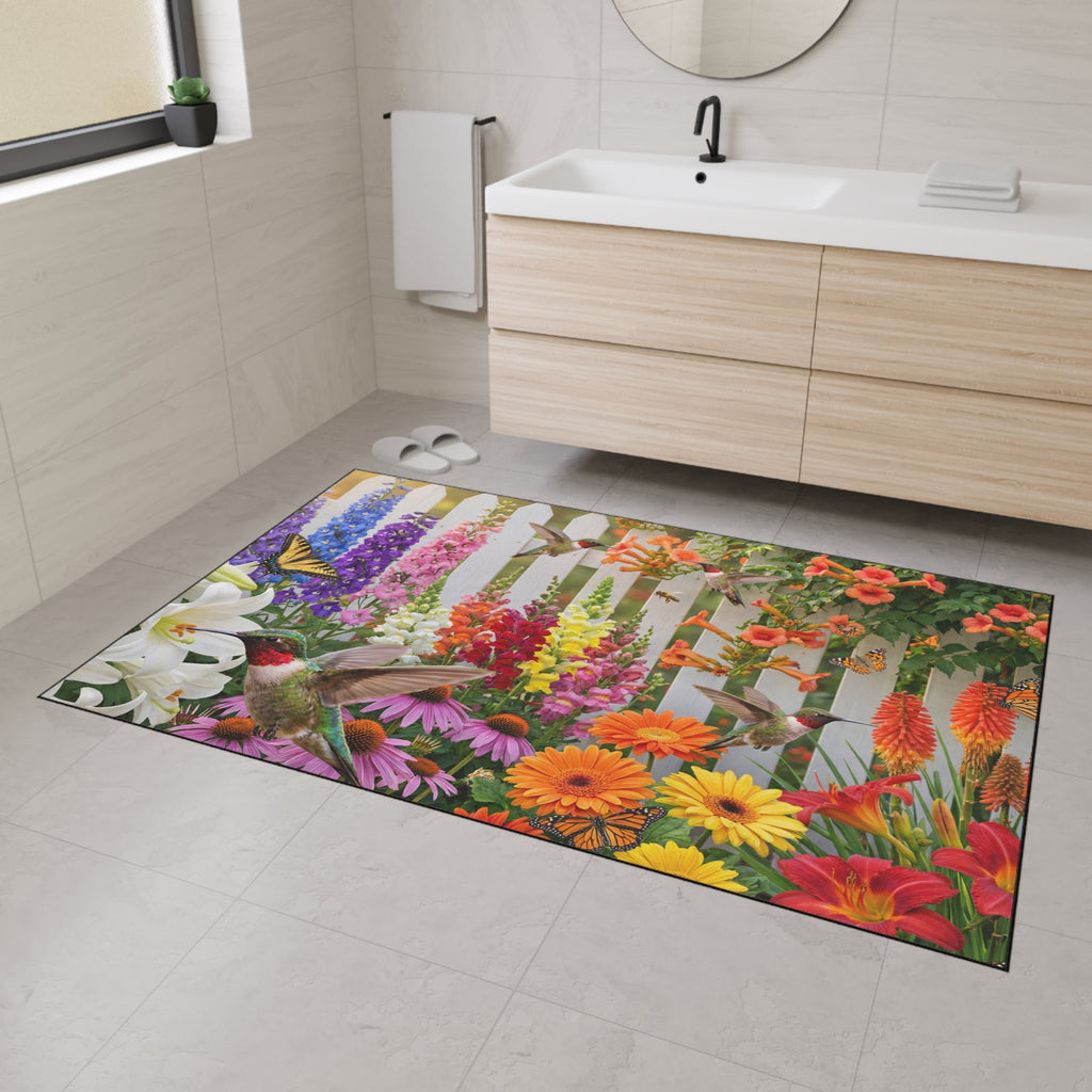 Hummingbirds and Wildflowers Floor Mat | Garden Fence Floral Doormat