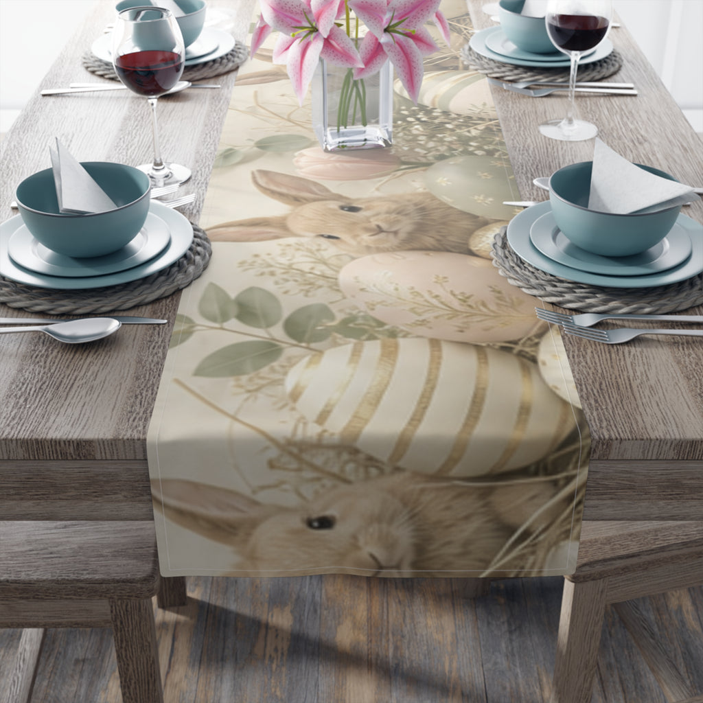 Easter Bunnies and Painted Eggs Table Runner Cotton Poly | Neutral Side