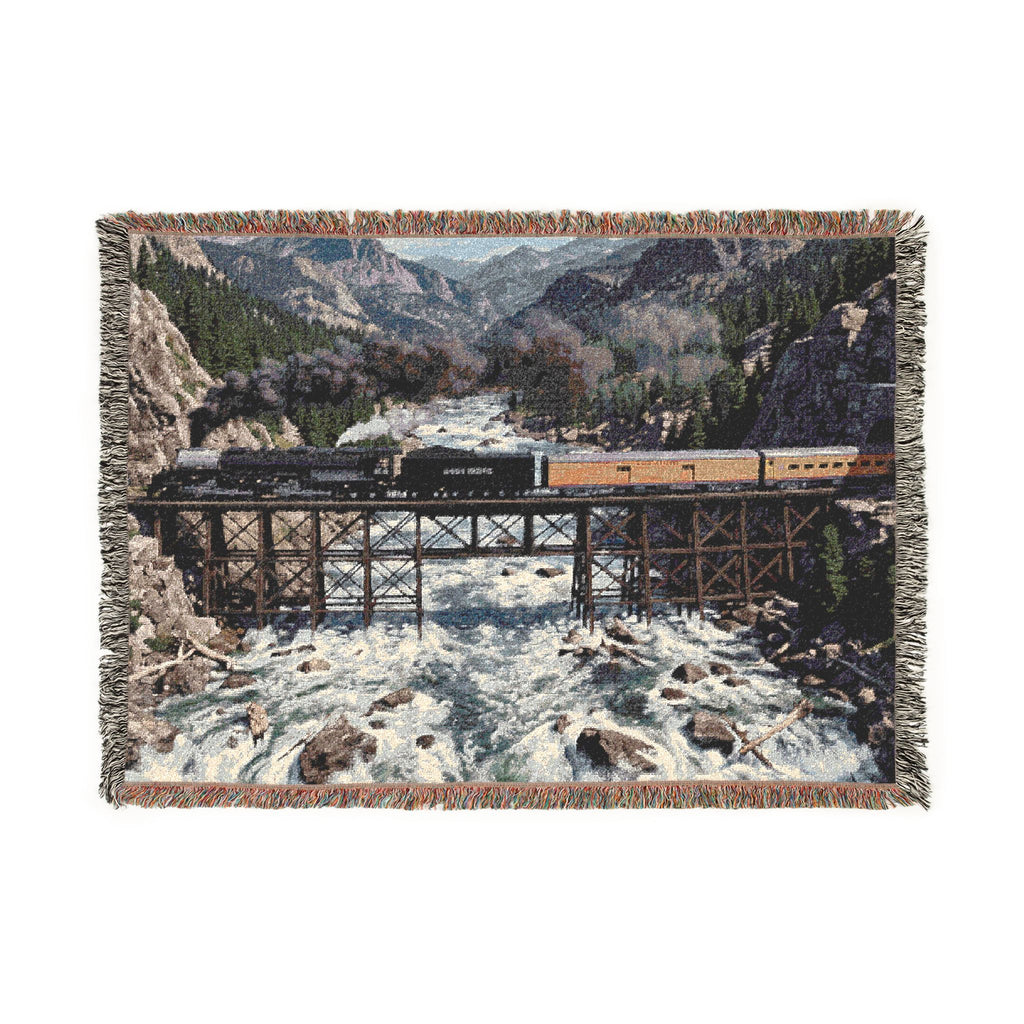 Mountain Train Landscape Woven Blanket | Scenic River Throw