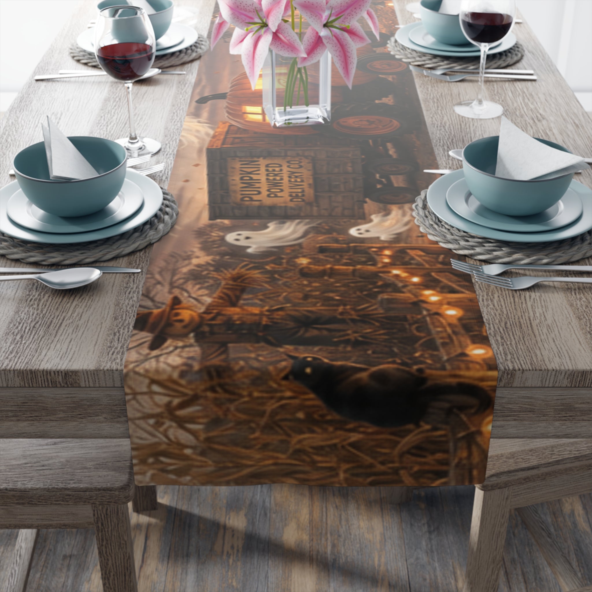 Haunted Pumpkin Truck Table Runner | Halloween Cotton Poly