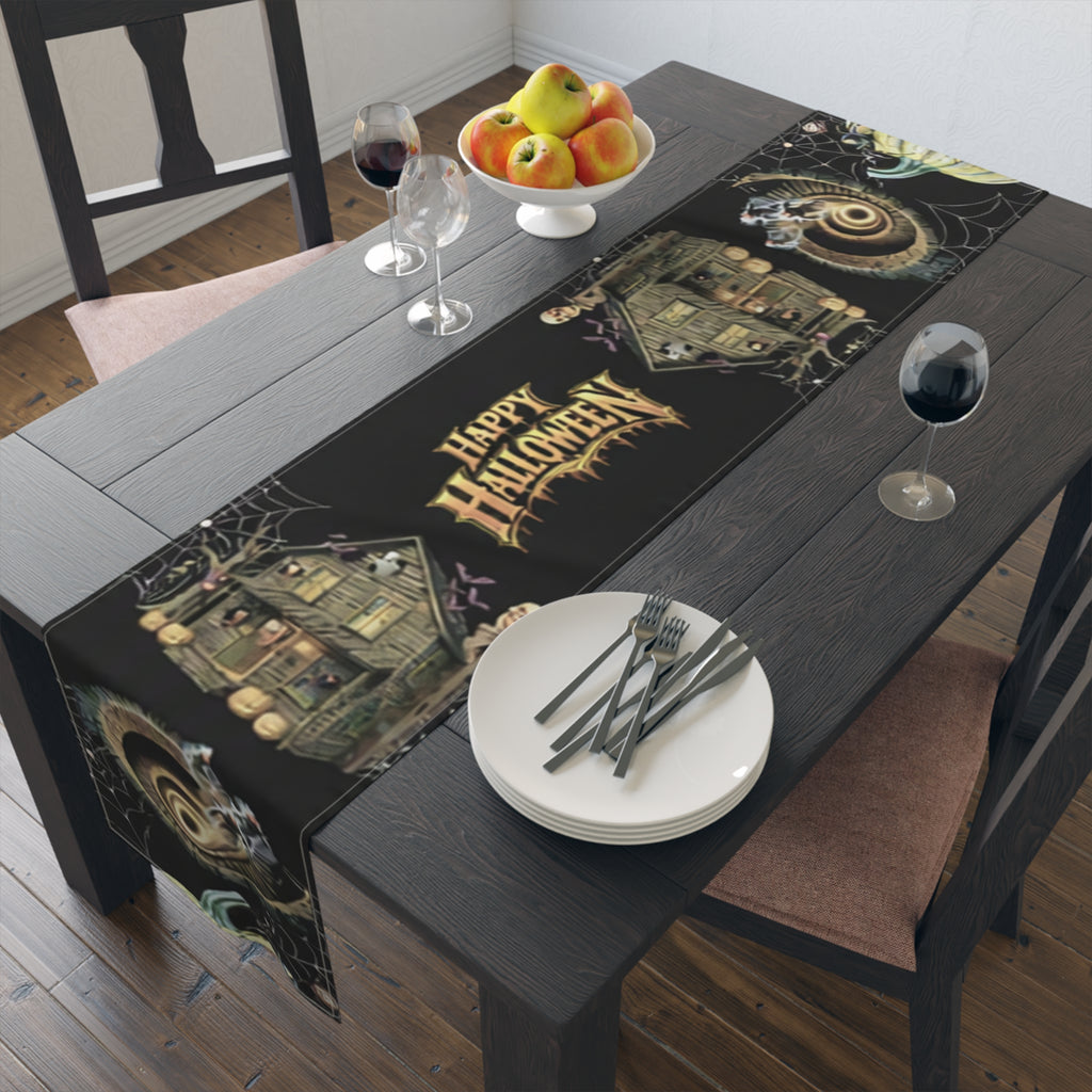Gothic Haunted House Table Runner | Jack-O'-Lanterns & Cobwebs – Halloween Decor