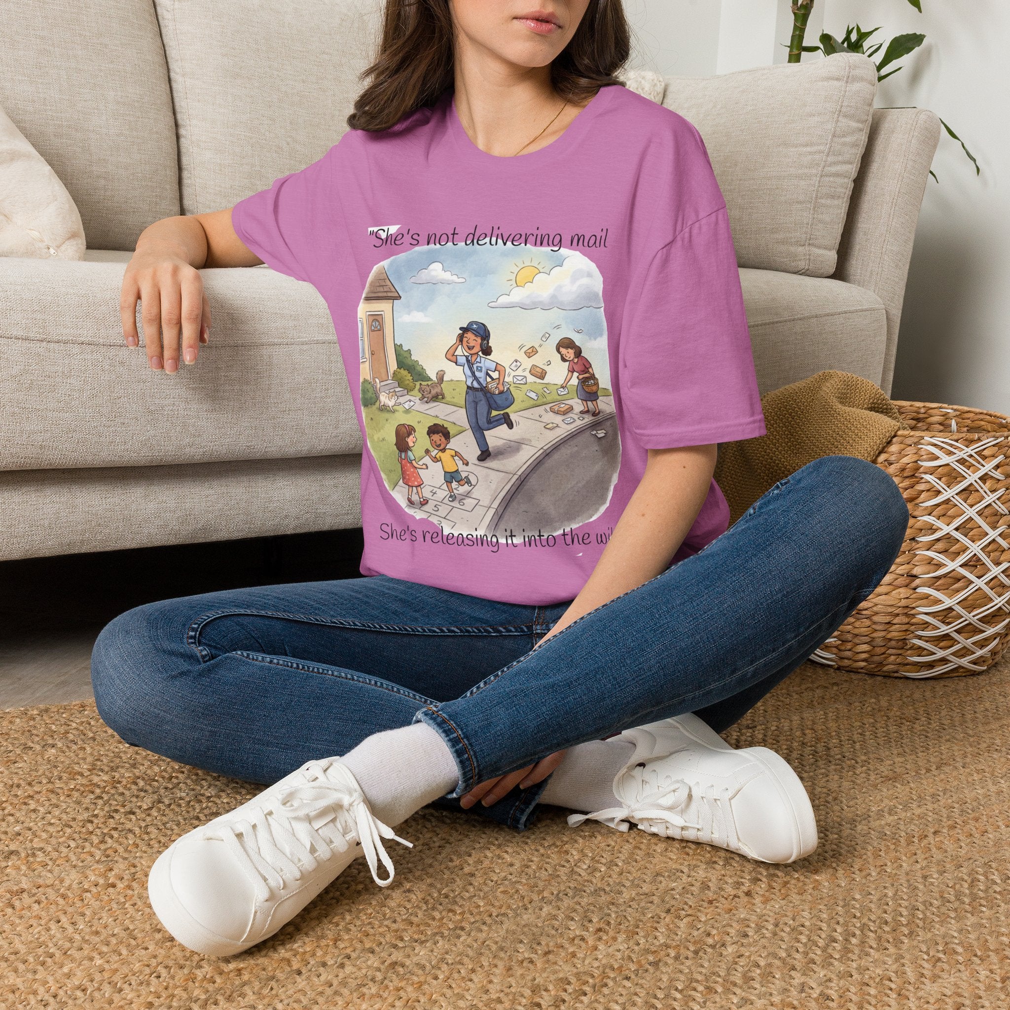 T‑Shirt – "She’s not delivering mail, she’s delivering a little wind" Cute Postal Worker Illustration Tee