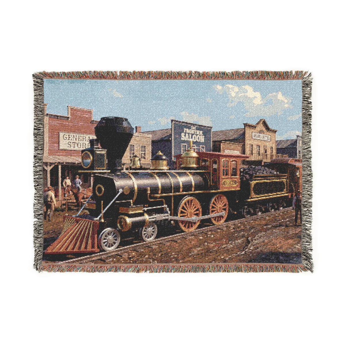 Vintage Steam Locomotive Woven Blanket | Western Town Train Throw