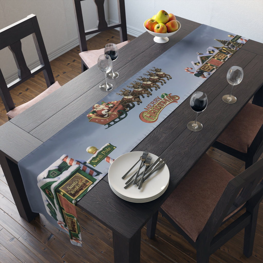Christmas Village Scene Table Runner | Holiday Snowy Cottage Design