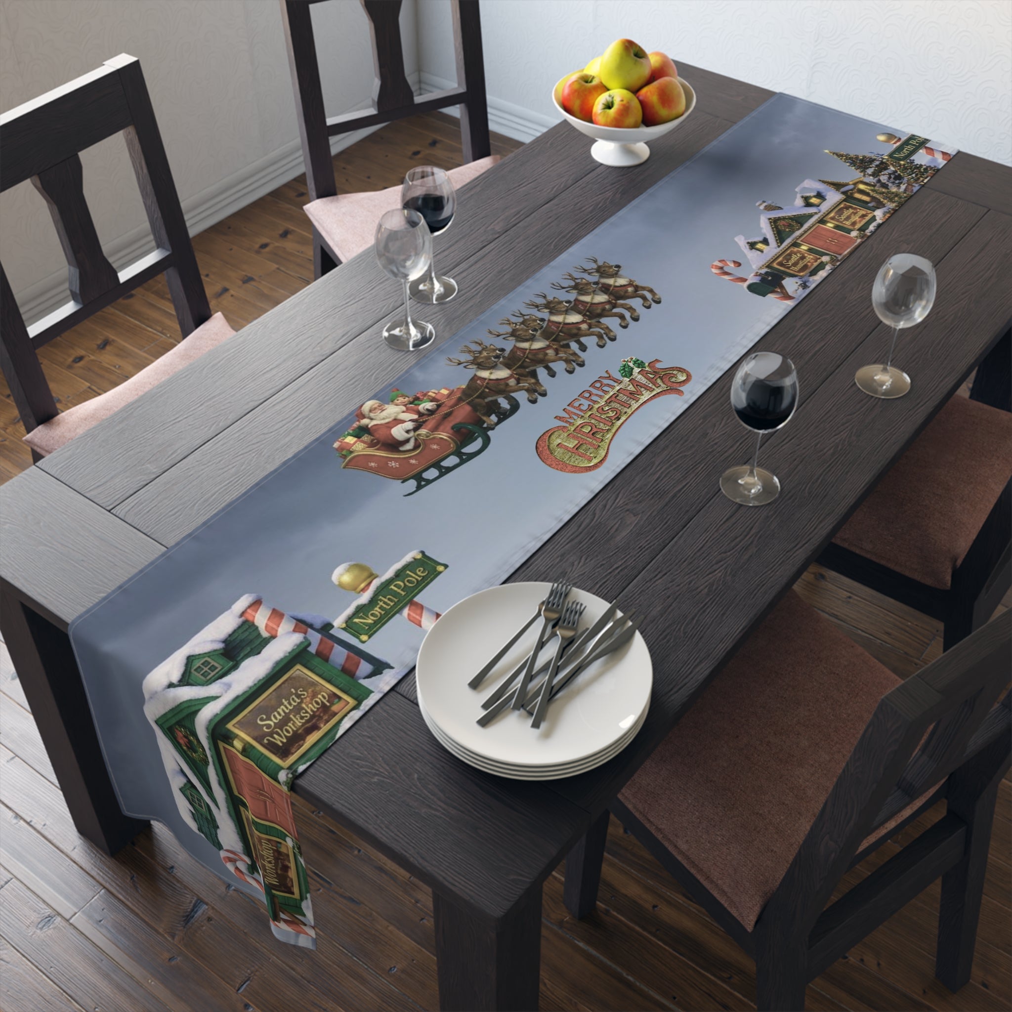 Christmas Village Scene Table Runner | Holiday Snowy Cottage Design