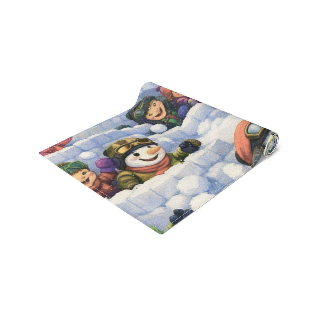 Snowman Winter Scene Table Runner | Holiday Snowball Fight
