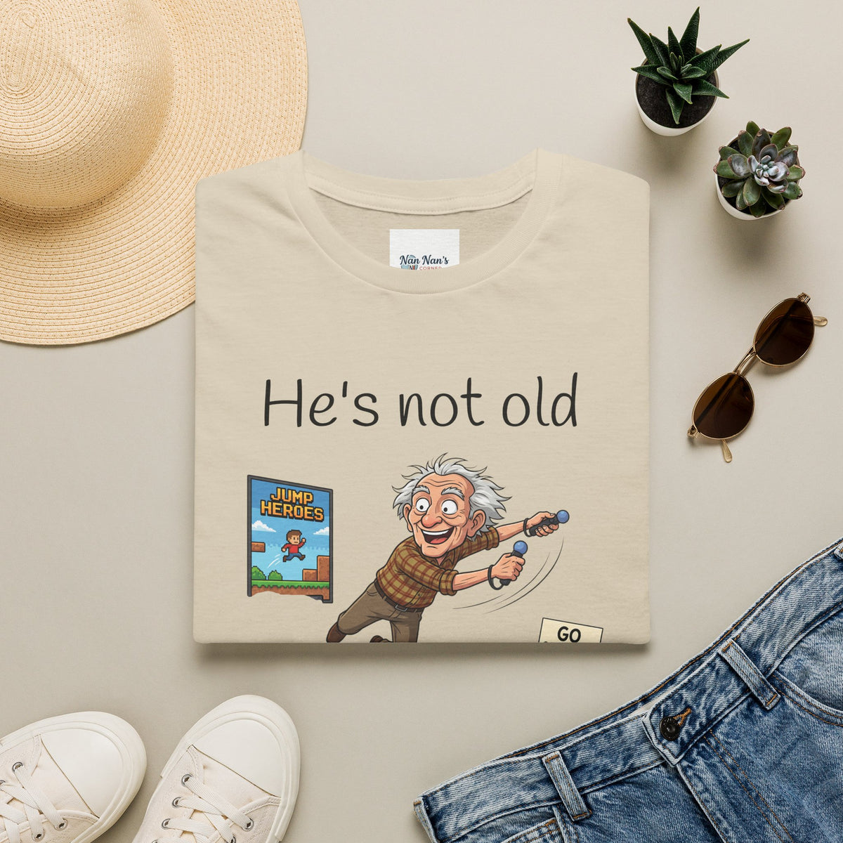 He's Not Old Funny Gamer Grandfather Unisex Graphic T-Shirt – Novelty Gaming Cotton Tee